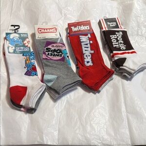 Smurfs, Charms, Twizzlers, Tootsie Roll novelty socks; size: 6-12; 8 pair